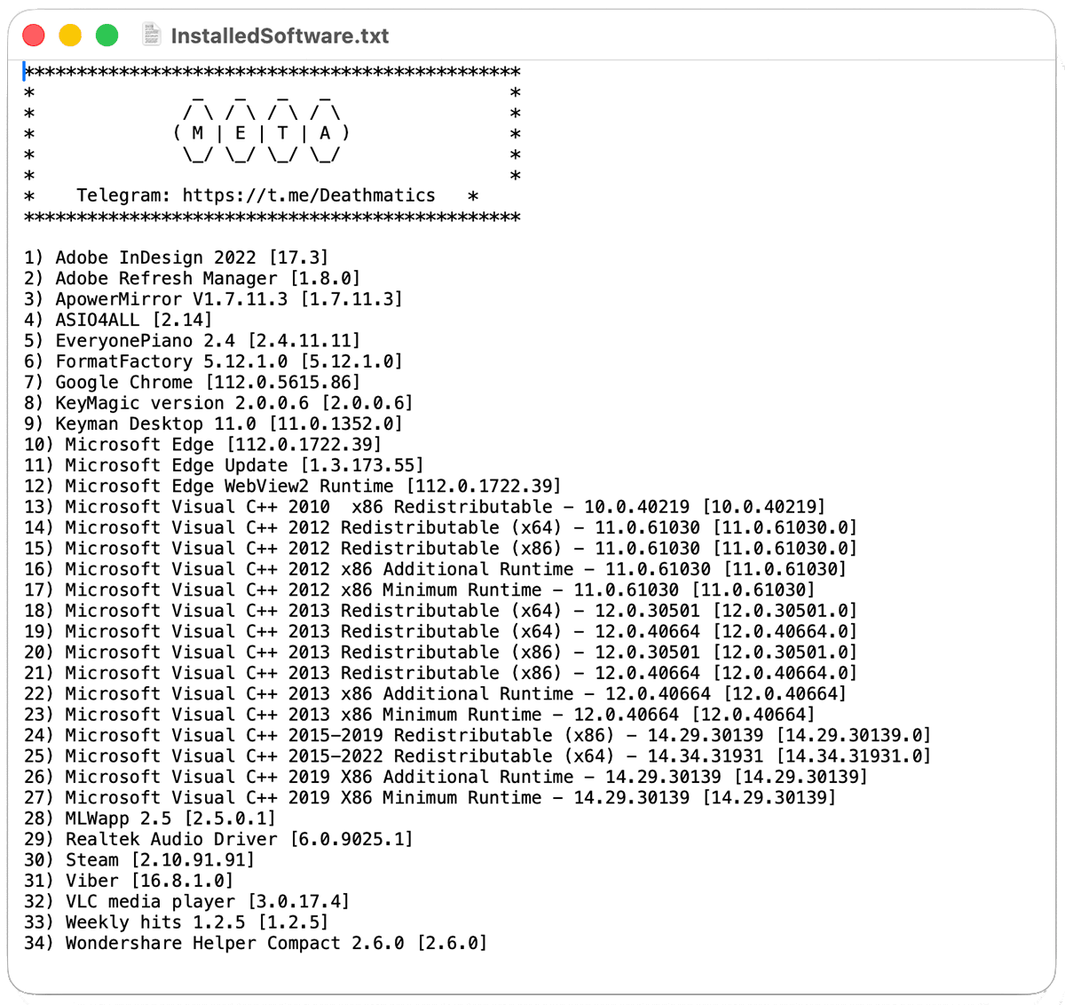 Installed software example